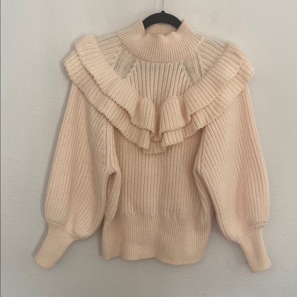 H&M Ruffle Chunky Knit Mock Neck Sweater Cream Ivory Medium - Picture 3 of 11